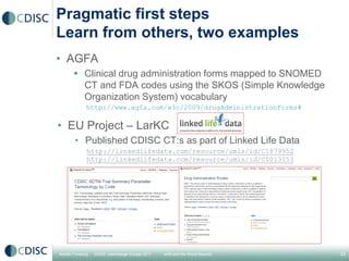 Pragmatic first steps
Learn from others, two examples
• AGFA
        Clinical drug administration forms mapped to SNOMED
...