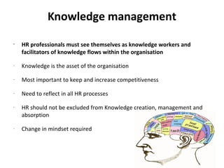 Knowledge management
•
    HR professionals must see themselves as knowledge workers and
    facilitators of knowledge flows within the organisation
-
    Knowledge is the asset of the organisation
-
    Most important to keep and increase competitiveness
-
    Need to reflect in all HR processes
-
    HR should not be excluded from Knowledge creation, management and
    absorption
-
    Change in mindset required
 