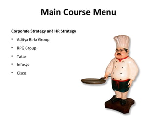 Main Course Menu
Corporate Strategy and HR Strategy

    Aditya Birla Group

    RPG Group

    Tatas

    Infosys

    Cisco
 