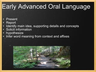Early Advanced Oral Language Present Report Identify main idea, supporting details and concepts Solicit information hypothesize Infer word meaning from context and affixes 