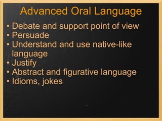 Advanced Oral Language Debate and support point of view Persuade Understand and use native-like language Justify Abstract and figurative language Idioms, jokes 