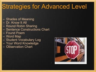 Strategies for Advanced Level Shades of Meaning Dr. Know It All Round Robin Sharing Sentence Constructions Chart Found Poem Word Map Student Vocabulary Log                   Your Word Knowledge Observation Chart 