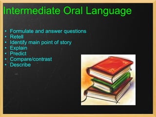 Intermediate Oral Language Formulate and answer questions Retell Identify main point of story Explain  Predict Compare/contrast                        Describe 