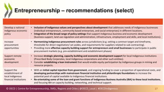 © OECD | Centre for Entrepreneurship, SMEs, Regions and Cities | @OECD_Local |
Entrepreneurship – recommendations (select)
17
Develop a national
Indigenous economic
policy
• Inclusion of Indigenous values and perspectives about development that addresses needs of Indigenous businesses
(individual entrepreneurs, community based enterprises, and social enterprises) in different locations.
• Integration of the broad range of policy settings that support Indigenous business and economic development
(business support, land use regulation and administration, infrastructure, employment and skills, and local institutions).
Increase
procurement
opportunities
• Harmonising Indigenous procurement rules across jurisdictions (e.g. setting a common target and timeframe,
thresholds for direct negotiation/ set asides, and requirements for suppliers related to sub-contracting).
• Providing more effective capacity building support for entrepreneurs and small businesses to participate in public
procurement markets (e.g. pre-establishment and establishment phases)
Support remote
economic
development
• Increase strategic planning, capacity building and economic development support for local Indigenous institutions
(Prescribed Body Corporates, local Indigenous corporations and other such entities).
• Consider establishing a loan instrument that would enable equity participation by Indigenous groups in mining and
resource projects.
Support the
establishment of
local Indigenous
financial institutions
• With an initial capital injection from government, and ongoing funding to cover a proportion of operational costs, and
developing partnerships with mainstream financial institution and philanthropic foundations to increase the
potential pool of capital available to Indigenous financial institutions.
• Re-orientating some of the loan and grant functions of Indigenous Business Australia (IBA) to these local institutions,
and focusing IBA on capacity building, networking, and technical support.
#OECDIndigenous
 