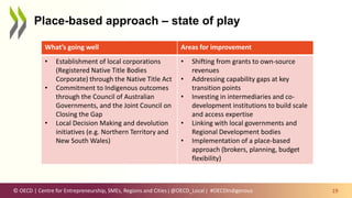 © OECD | Centre for Entrepreneurship, SMEs, Regions and Cities | @OECD_Local |
Place-based approach – state of play
19
Note: percentage point difference between Indigenous and non-Indigenous outcomes
Source: Calculations based on data drawn from ABS Census of Population and Housing, 2016, TableBuilder for Australia.
What’s going well Areas for improvement
• Establishment of local corporations
(Registered Native Title Bodies
Corporate) through the Native Title Act
• Commitment to Indigenous outcomes
through the Council of Australian
Governments, and the Joint Council on
Closing the Gap
• Local Decision Making and devolution
initiatives (e.g. Northern Territory and
New South Wales)
• Shifting from grants to own-source
revenues
• Addressing capability gaps at key
transition points
• Investing in intermediaries and co-
development institutions to build scale
and access expertise
• Linking with local governments and
Regional Development bodies
• Implementation of a place-based
approach (brokers, planning, budget
flexibility)
#OECDIndigenous
 