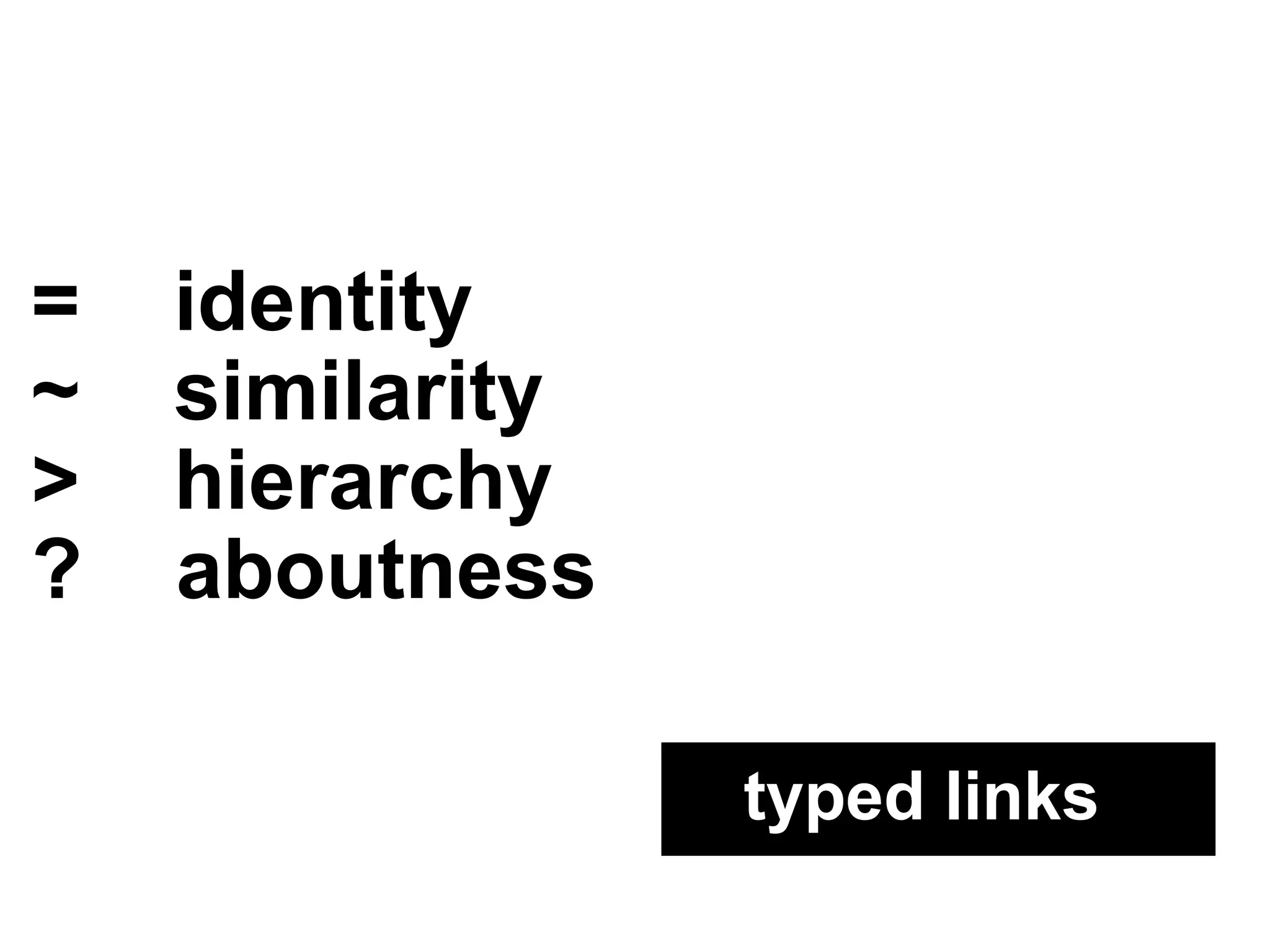 =    identity ~    similarity >    hierarchy ?    aboutness typed links 