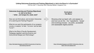 Linking Outcomes (Learning and Training Objectives) or Job to be Done to ‘a Curriculum’
Poh-Sun Goh, 17 December 2022, Saturday 0828am, Singapore Time
https://telmeded.blogspot.com/2022/12/outcomes-of-learning-
and-training-role.html
https://telmeded.blogspot.com/2022/12/showing-what-we-
teach-with-and-assess.html
Showing what we teach with, and assess on,
and how we do this - Our 'ingredients', 'recipe'
and (cooking) process - as public, accessible
and assessable digital practice
How can we think about, and envision Outcomes
of a Learning and Training Program?
What do we want the participants of our program,
course, or session 'to feel', 'to know' and be able
'to do’?
What is the Role of Faculty Development,
Pedagogy (applied Learning Science and
Instructional Design) and Technology?
Outcomes (Learning and Training Objectives)
or Job to be Done
- ‘what .. are hungry for, need, want’
Curriculum
- ‘the Menu’
 