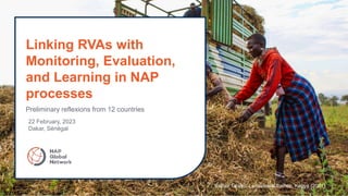 Linking RVAs with
Monitoring, Evaluation,
and Learning in NAP
processes
Preliminary reflexions from 12 countries
22 February, 2023
Dakar, Sénégal
Esther Tinayo, Lensational trainee, Kenya (2021)
 