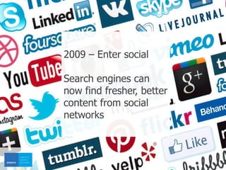 2009 – Enter social
Search engines can
now find fresher, better
content from social
networks
 
