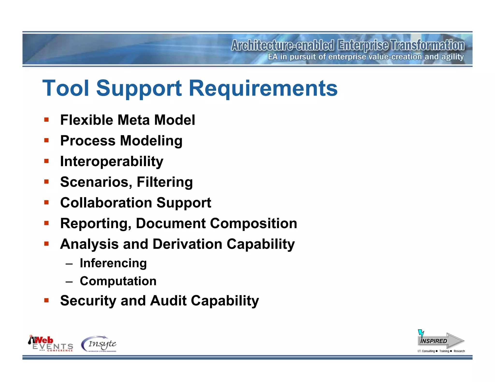 Tool Support Requirements
 Flexible Meta Model
 Process Modeling
 Interoperability
 Scenarios, Filtering
 Collaboration Support
 Reporting, Document Composition
 Analysis and Derivation Capability
 – Inferencing
 – Computation
 Security and Audit Capability

                                        INSPIRED
                                      I.T. Consulting
                                       I.T. Consulting   Training
                                                         Training   Research
                                                                    Research
 