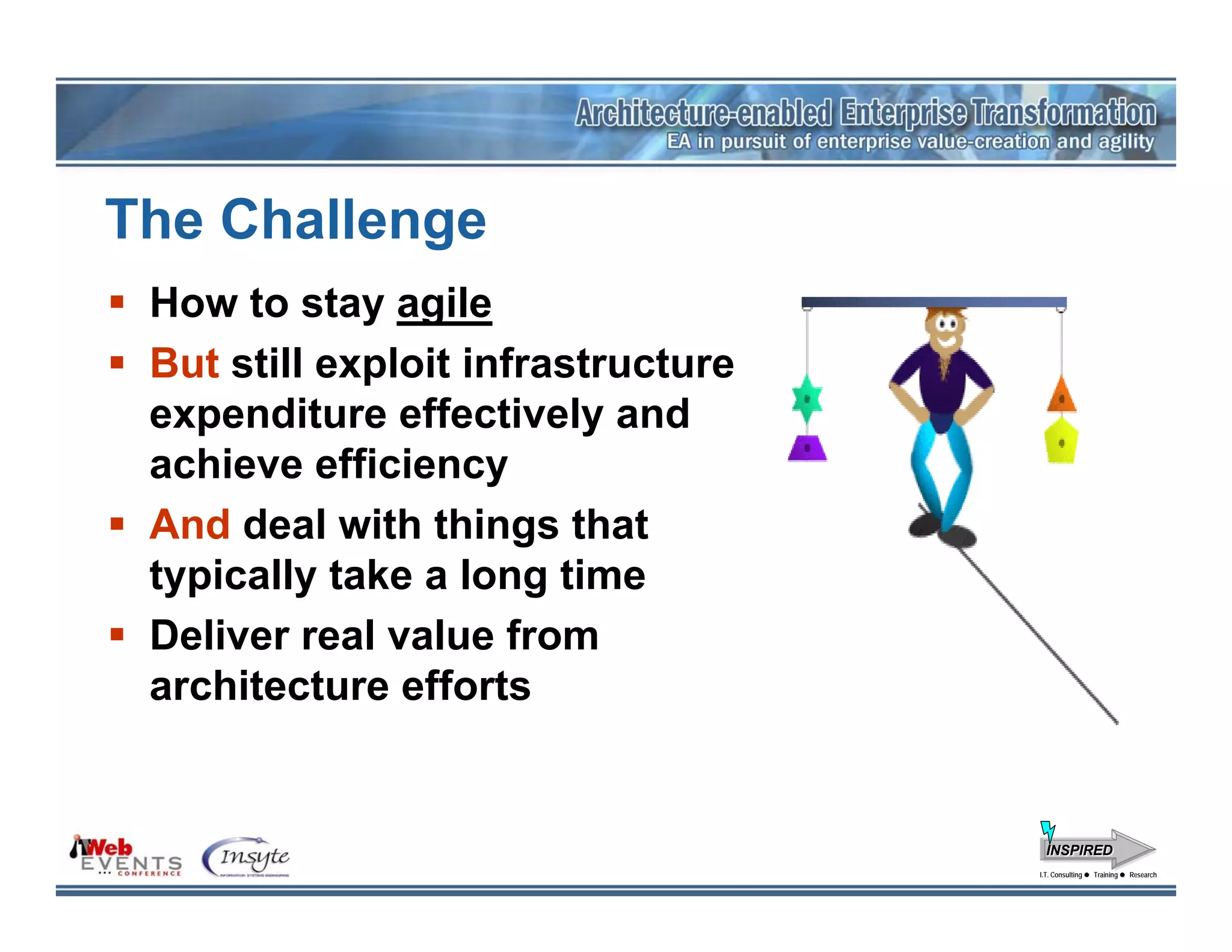 The Challenge
 How to stay agile
 But still exploit infrastructure
 expenditure effectively and
 achieve efficiency
 And deal with things that
 typically take a long time
 Deliver real value from
 architecture efforts


                                      INSPIRED
                                    I.T. Consulting
                                     I.T. Consulting   Training
                                                       Training   Research
                                                                  Research
 