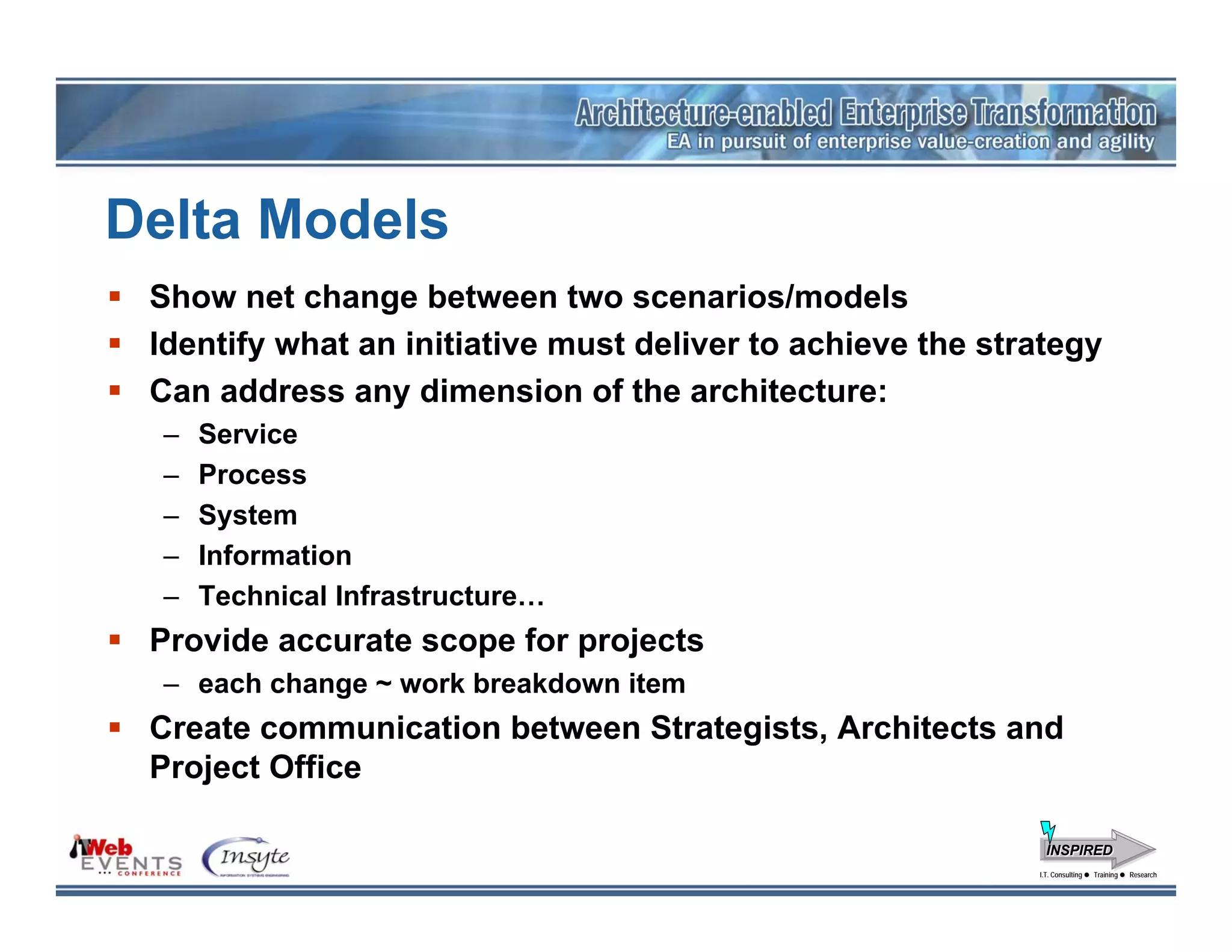 Delta Models
 Show net change between two scenarios/models
 Identify what an initiative must deliver to achieve the strategy
 Can address any dimension of the architecture:
  –   Service
  –   Process
  –   System
  –   Information
  –   Technical Infrastructure…
 Provide accurate scope for projects
  – each change ~ work breakdown item
 Create communication between Strategists, Architects and
 Project Office

                                                              INSPIRED
                                                            I.T. Consulting
                                                             I.T. Consulting   Training
                                                                               Training   Research
                                                                                          Research
 