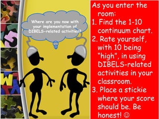 As you enter the room: 1. Find the 1-10 continuum chart. 2. Rate yourself, with 10 being “high”, in using DIBELS-related activities in your classroom. 3. Place a stickie where your score should be. Be honest!  Where are you now with your implementation of DIBELS-related activities? 1 