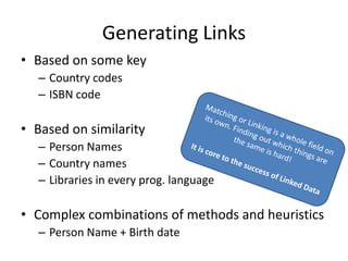 Generating Links
• Based on some key
– Country codes
– ISBN code
• Based on similarity
– Person Names
– Country names
– Libraries in every prog. language
• Complex combinations of methods and heuristics
– Person Name + Birth date
 