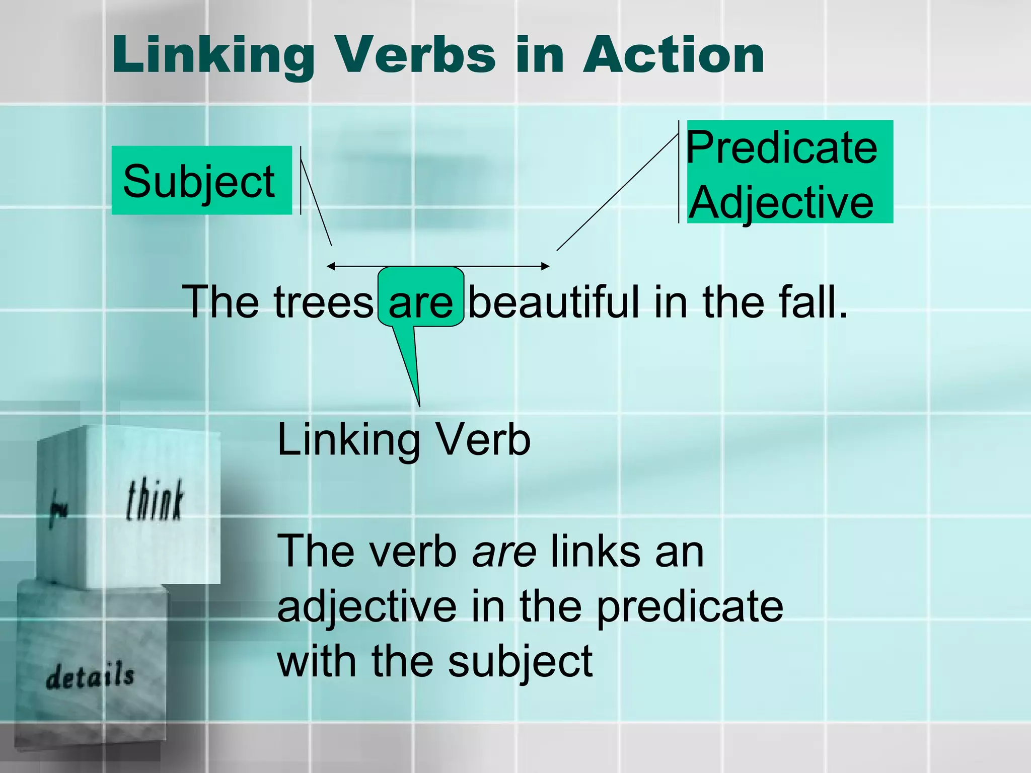 Linking Verbs in Action The trees are beautiful in the fall. Linking Verb Subject Predicate Adjective The verb  are  links an adjective in the predicate with the subject 