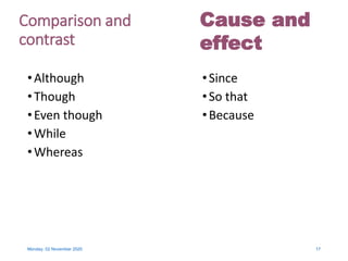 Comparison and
contrast
•Although
•Though
•Even though
•While
•Whereas
•Since
•So that
•Because
Monday, 02 November 2020 17
Cause and
effect
 