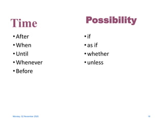 Time
•After
•When
•Until
•Whenever
•Before
•if
•as if
•whether
•unless
Monday, 02 November 2020 18
Possibility
 