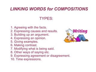 LINKING WORDS for COMPOSITIONS TYPES: 1. Agreeing with the facts. 2. Expressing causes and results. 3. Building up an argument. 4. Expressing an opinion. 5. Giving examples. 6. Making contrast. 7. Modifying what is being said. 8. Other ways of saying etc. 9. Expressing agreement or disagreement. 10. Time expressions. 