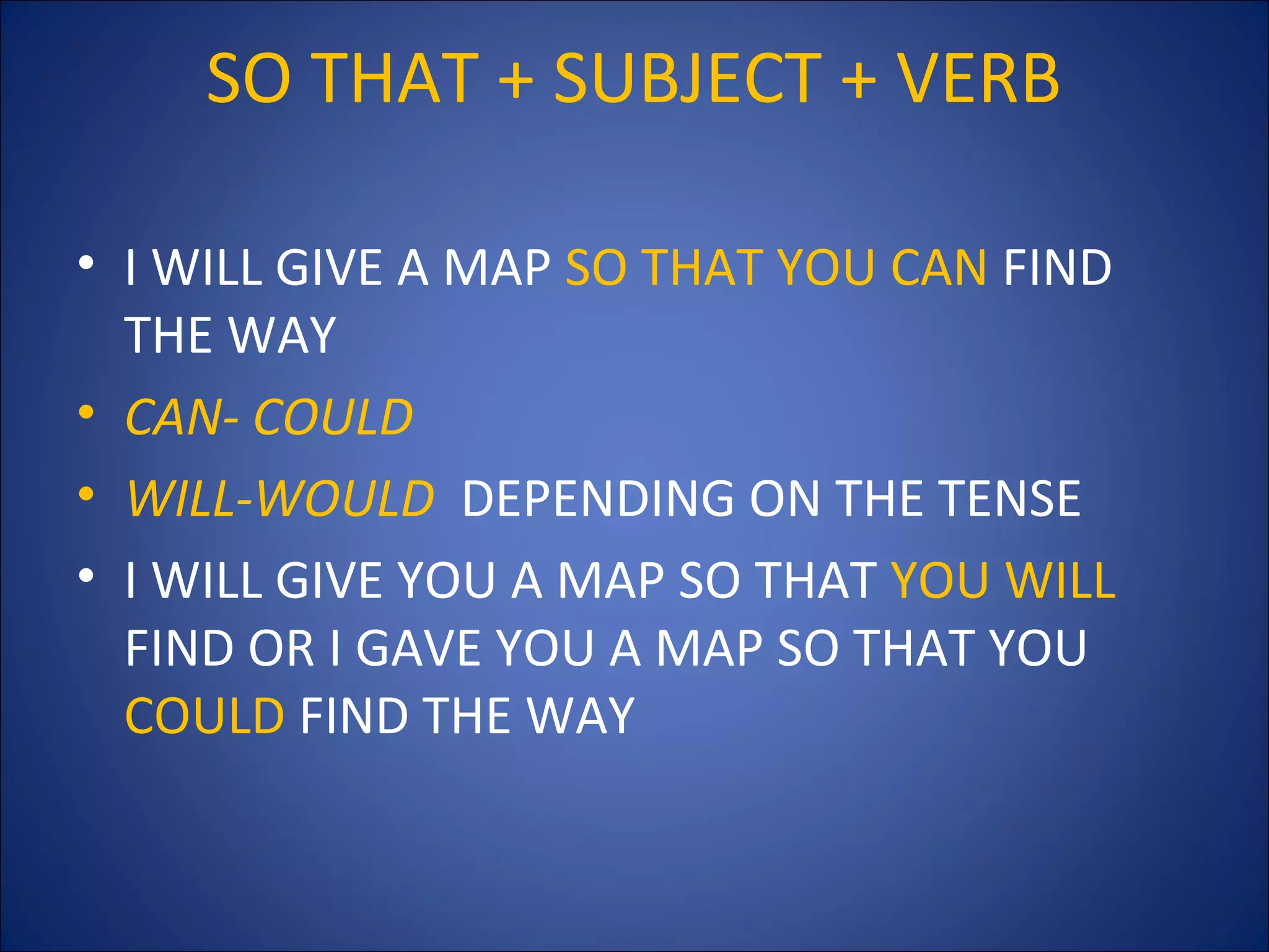 SO THAT + SUBJECT + VERB
• I WILL GIVE A MAP SO THAT YOU CAN FIND
THE WAY
• CAN- COULD
• WILL-WOULD DEPENDING ON THE TENSE
• I WILL GIVE YOU A MAP SO THAT YOU WILL
FIND OR I GAVE YOU A MAP SO THAT YOU
COULD FIND THE WAY
 