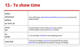 13.- To show time
when
whenever
before
as soon as
Turn off the gas when/whenever/before/as soon as/ you hear the
kettle whistle.
since
for
I haven’t been to the cinema since last month.
I haven’t been to the cinema for a month.
as
while
I cut my finger as/while I was chopping onion.
now that
I can go on holiday now that I’ve passed all my exams.
Now that I’ve passed all my exams,I can go on holiday.
 