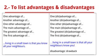 2.- To list advantages & disadvantages
One advantage of...
Another advantage of...
One other advantage of...
The main advantage of...
The greatest advantage of...
The first advantage of…
...living in a small town is that you know
all your neighbours.
One (dis)advantage of...
Another (dis)advantage of...
One other (dis)advantage of...
The main (dis)advantage of...
The greatest (dis)advantage of...
The first (dis)advantage of...
…living in a small town is that all your
neighbours know you!
disadvantage: drawback
 