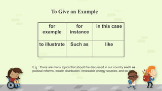 To Give an Example
for
example
for
instance
in this case
to illustrate Such as like
E.g.: There are many topics that should be discussed in our country such as
political reforms, wealth distribution, renewable energy sources, and so on.
 