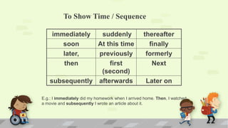 To Show Time / Sequence
immediately suddenly thereafter
soon At this time finally
later, previously formerly
then first
(second)
Next
subsequently afterwards Later on
E.g.: I immediately did my homework when I arrived home. Then, I watched
a movie and subsequently I wrote an article about it.
 