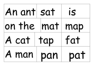 An ant sat is
on the mat map
A cat tap fat
A man pan pat
 