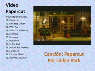Video
Papercut
Album: Hybrid Theory
01.-Papercut
02.-One Step Closer
03.-With You
04.-Points Of Authority
05.-Crawling
06.-Runaway
07.-By Myself
08.-In The End
09.-A Place For My Head
10.-Forgotten
11.-Cure For The Itch
12.-Pushing Me Away
 