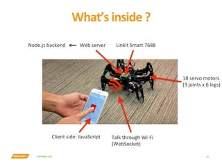 INTERNAL	USE	
What’s	inside	?	
10	
LinkIt	Smart	7688	
Talk	through	Wi-Fi	
(WebSocket)	
Client	side:	JavaScript	
18	servo	motors	
(3	joints	x	6	legs)	
Web	server	Node.js	backend	
 