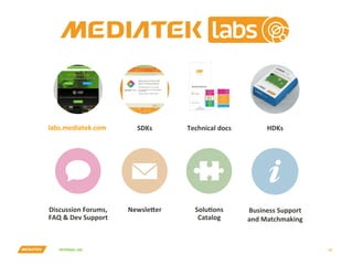 INTERNAL	USE	
labs.mediatek.com	 SDKs	 Technical	docs	 HDKs	
Discussion	Forums,	
FAQ	&	Dev	Support	
Newslefer	 SoluPons	
Catalog	
Business	Support	
and	Matchmaking	
19	
 