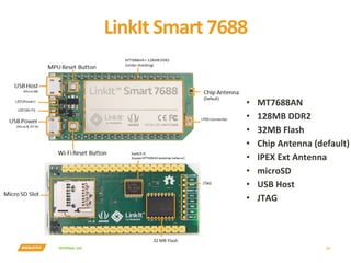 INTERNAL	USE	
LinkIt	Smart	7688	
22	
•  MT7688AN	
•  128MB	DDR2	
•  32MB	Flash	
•  Chip	Antenna	(default)	
•  IPEX	Ext	Antenna		
•  microSD	
•  USB	Host	
•  JTAG	
 