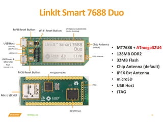 INTERNAL	USE	
LinkIt	Smart	7688	Duo	
25	
•  MT7688	+	ATmega32U4	
•  128MB	DDR2	
•  32MB	Flash	
•  Chip	Antenna	(default)	
•  IPEX	Ext	Antenna		
•  microSD	
•  USB	Host	
•  JTAG	
 