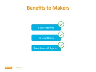 INTERNAL	USE	
Beneﬁts	to	Makers
Fast	Prototype
Ease	of	Demo
Free	Access	&	Support
 