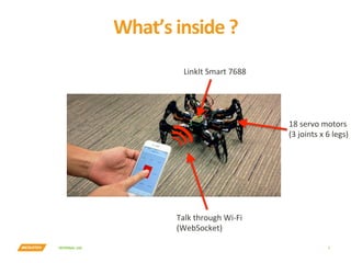 INTERNAL	USE	
What’s	inside	?	
7	
LinkIt	Smart	7688	
Talk	through	Wi-Fi	
(WebSocket)	
18	servo	motors	
(3	joints	x	6	legs)	
 