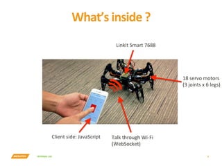 INTERNAL	USE	
What’s	inside	?	
8	
LinkIt	Smart	7688	
Talk	through	Wi-Fi	
(WebSocket)	
Client	side:	JavaScript	
18	servo	motors	
(3	joints	x	6	legs)	
 