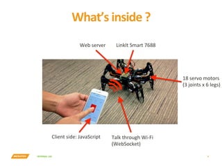 INTERNAL	USE	
What’s	inside	?	
9	
LinkIt	Smart	7688	
Talk	through	Wi-Fi	
(WebSocket)	
Client	side:	JavaScript	
18	servo	motors	
(3	joints	x	6	legs)	
Web	server	
 