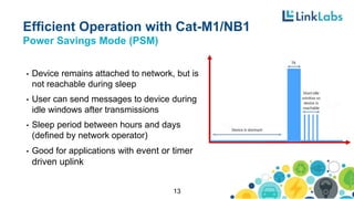 Efficient Operation with Cat-M1/NB1
Power Savings Mode (PSM)
• Device remains attached to network, but is
not reachable during sleep
• User can send messages to device during
idle windows after transmissions
• Sleep period between hours and days
(defined by network operator)
• Good for applications with event or timer
driven uplink
13
 