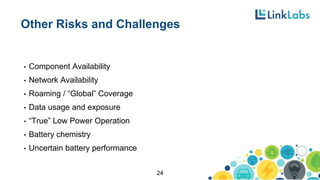 Other Risks and Challenges
• Component Availability
• Network Availability
• Roaming / “Global” Coverage
• Data usage and exposure
• “True” Low Power Operation
• Battery chemistry
• Uncertain battery performance
24
 