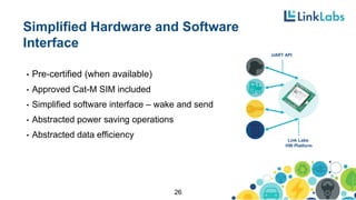 Simplified Hardware and Software
Interface
• Pre-certified (when available)
• Approved Cat-M SIM included
• Simplified software interface – wake and send
• Abstracted power saving operations
• Abstracted data efficiency
26
UART API
Link Labs
HW Platform
 