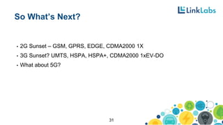 So What’s Next?
• 2G Sunset – GSM, GPRS, EDGE, CDMA2000 1X
• 3G Sunset? UMTS, HSPA, HSPA+, CDMA2000 1xEV-DO
• What about 5G?
31
 