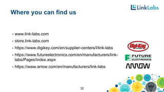 Where you can find us
• www.link-labs.com
• store.link-labs.com
• https://www.digikey.com/en/supplier-centers/l/link-labs
• https://www.futureelectronics.com/en/manufacturers/link-
labs/Pages/index.aspx
• https://www.arrow.com/en/manufacturers/link-labs
32
 