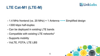 LTE Cat-M1 (LTE-M)
• 1.4 MHz frontend (vs. 20 MHz) + 1 Antenna Simplified design
• >300 kbps half-duplex
• Can be deployed in existing LTE bands
• Compatible with existing LTE networks*
• Supports mobility
• VoLTE, FOTA, LTE LBS
5
 