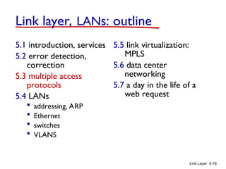 Link Layer 5-16
Link layer, LANs: outline
5.1 introduction, services
5.2 error detection,
correction
5.3 multiple access
protocols
5.4 LANs
 addressing, ARP
 Ethernet
 switches
 VLANS
5.5 link virtualization:
MPLS
5.6 data center
networking
5.7 a day in the life of a
web request
 