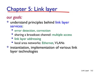 Link Layer 5-2
Chapter 5: Link layer
our goals:
 understand principles behind link layer
services:
 error detection, correction
 sharing a broadcast channel: multiple access
 link layer addressing
 local area networks: Ethernet, VLANs
 instantiation, implementation of various link
layer technologies
 