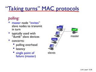 Link Layer 5-36
polling:
 master node “invites”
slave nodes to transmit
in turn
 typically used with
“dumb” slave devices
 concerns:
 polling overhead
 latency
 single point of
failure (master)
master
slaves
poll
data
data
“Taking turns” MAC protocols
 