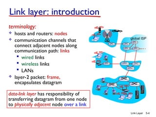 Link Layer 5-4
Link layer: introduction
terminology:
 hosts and routers: nodes
 communication channels that
connect adjacent nodes along
communication path: links
 wired links
 wireless links
 LANs
 layer-2 packet: frame,
encapsulates datagram
data-link layer has responsibility of
transferring datagram from one node
to physically adjacent node over a link
global ISP
 