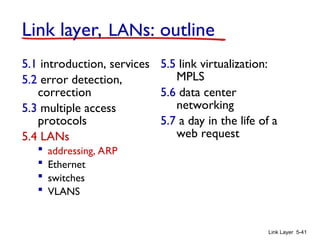 Link Layer 5-41
Link layer, LANs: outline
5.1 introduction, services
5.2 error detection,
correction
5.3 multiple access
protocols
5.4 LANs
 addressing, ARP
 Ethernet
 switches
 VLANS
5.5 link virtualization:
MPLS
5.6 data center
networking
5.7 a day in the life of a
web request
 