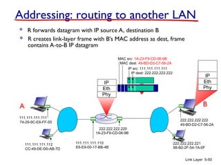 R
1A-23-F9-CD-06-9B
222.222.222.220
111.111.111.110
E6-E9-00-17-BB-4B
CC-49-DE-D0-AB-7D
111.111.111.112
111.111.111.111
74-29-9C-E8-FF-55
A
222.222.222.222
49-BD-D2-C7-56-2A
222.222.222.221
88-B2-2F-54-1A-0F
B
Link Layer 5-50
Addressing: routing to another LAN
IP src: 111.111.111.111
IP dest: 222.222.222.222
 R forwards datagram with IP source A, destination B
 R creates link-layer frame with B's MAC address as dest, frame
contains A-to-B IP datagram
MAC src: 1A-23-F9-CD-06-9B
MAC dest: 49-BD-D2-C7-56-2A
IP
Eth
Phy
IP
Eth
Phy
 