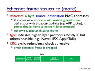 Link Layer 5-57
Ethernet frame structure (more)
 addresses: 6 byte source, destination MAC addresses
 if adapter receives frame with matching destination
address, or with broadcast address (e.g. ARP packet), it
passes data in frame to network layer protocol
 otherwise, adapter discards frame
 type: indicates higher layer protocol (mostly IP but
others possible, e.g., Novell IPX, AppleTalk)
 CRC: cyclic redundancy check at receiver
 error detected: frame is dropped
dest.
address
source
address
data
(payload) CRC
preamble
type
 